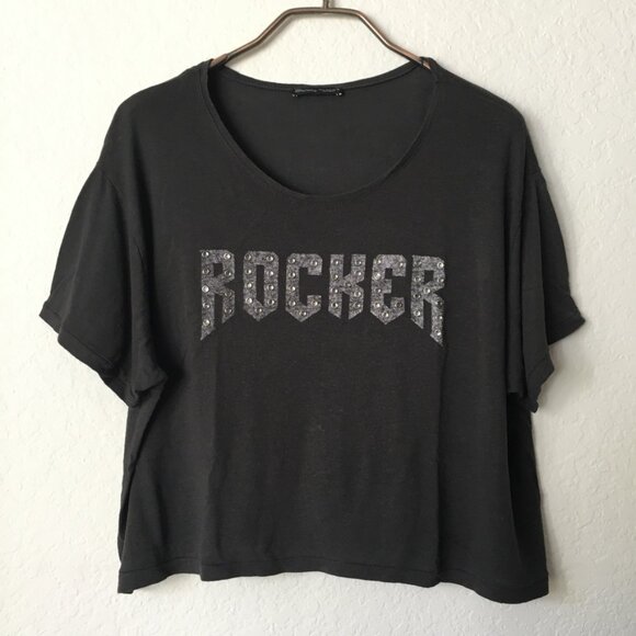 Zara Studded Cropped T Shirt Womens L Round Neck ROCKER Studded Embellishment - Picture 1 of 14